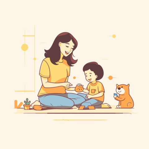 Mother playing with her son at home. Flat style vector illustrat