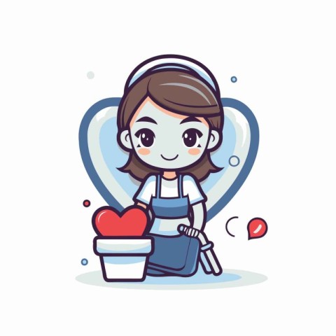 Cute little girl holding a heart and a flowerpot. Vector illustr