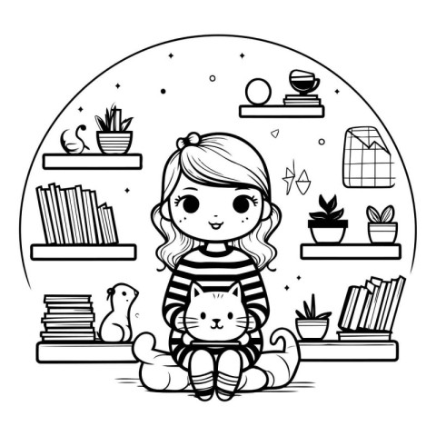 cute little girl with cat in the room character vector illustrat