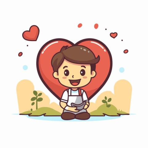 Cute little boy with a red heart. Vector illustration in cartoon