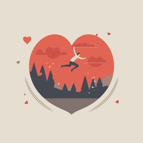 Valentine's day card with man jumping on the mountain. Vector il