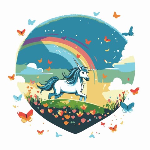 Unicorn with rainbow. butterflies and flowers. Vector illustrati