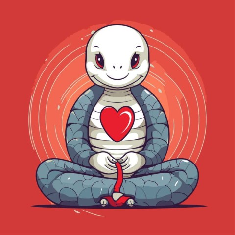 Cute cartoon snake with heart. Vector illustration on a red back