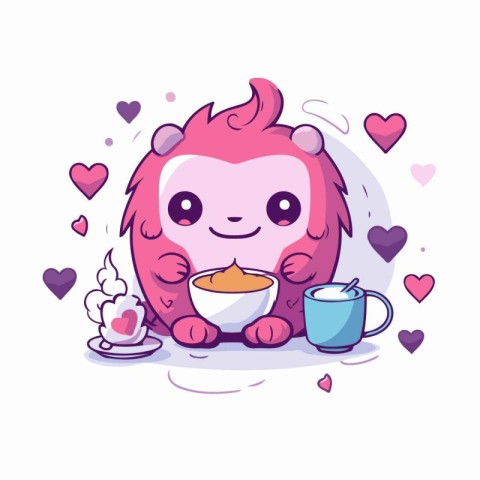 Cute monster with a cup of coffee. Cartoon vector illustration.