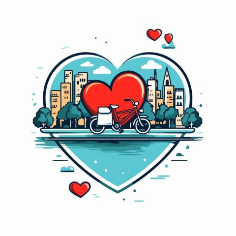 Love city concept with heart and bicycle. Vector illustration in