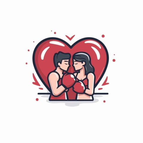 Vector illustration of a couple in love with red heart and boxin