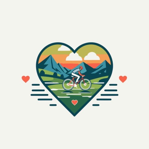 Mountain biking with heart in the mountains. Vector flat illustr