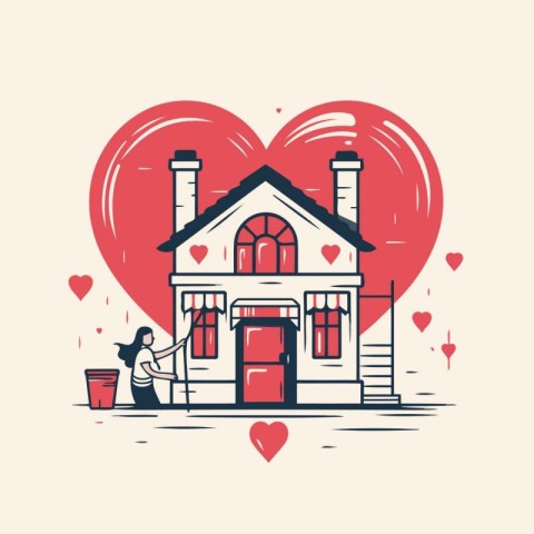 Valentine's day card with love house. Vector illustration.