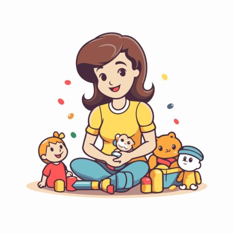 Mother and children playing with toys. Vector illustration in ca