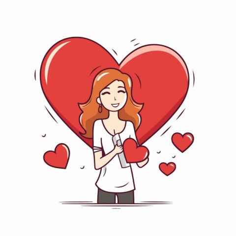 Vector illustration of a woman holding a heart and using a smart