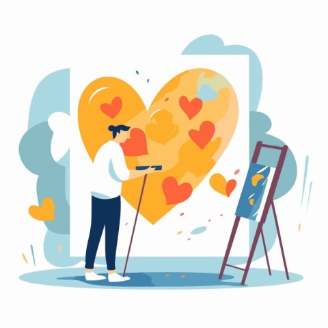 Man paints a heart on canvas. Vector illustration in flat style.