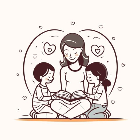 Mother reading a book with her children. Vector illustration of