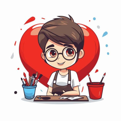 Cute boy painting a heart with watercolor. Vector illustration.