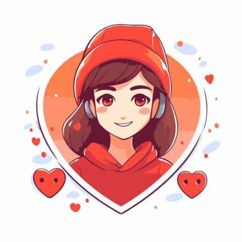 Girl in a red coat and headphones in the form of a heart. Vector