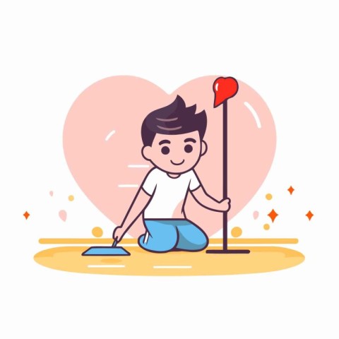 Cute boy with broom and heart on the background. Vector illustra