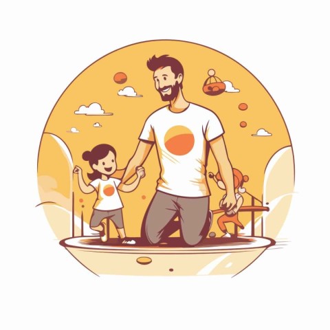 Father and son playing in the park. Vector illustration in carto