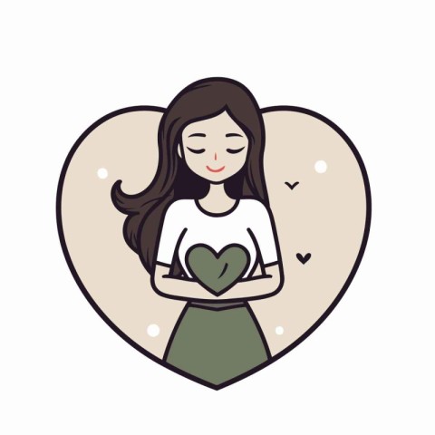 Vector illustration of a girl with long hair holding a heart in