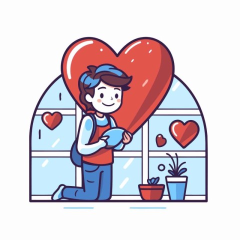 Vector illustration of a boy with a big red heart in his hands.