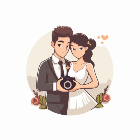 Wedding couple. Bride and groom with camera. Vector illustration