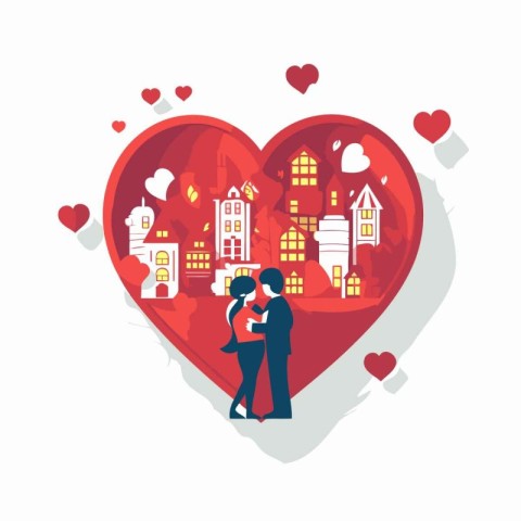 Couple in love in front of a red heart. Vector illustration