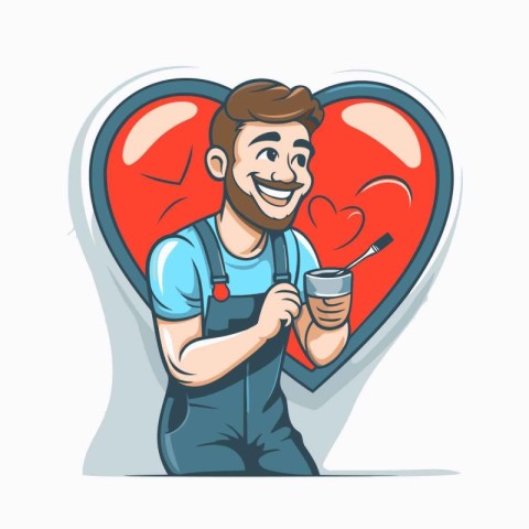 Smiling man with coffee cup and heart. Vector cartoon illustrati