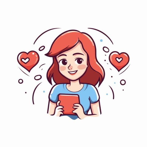 Vector illustration of a cute girl holding a tablet and a red he