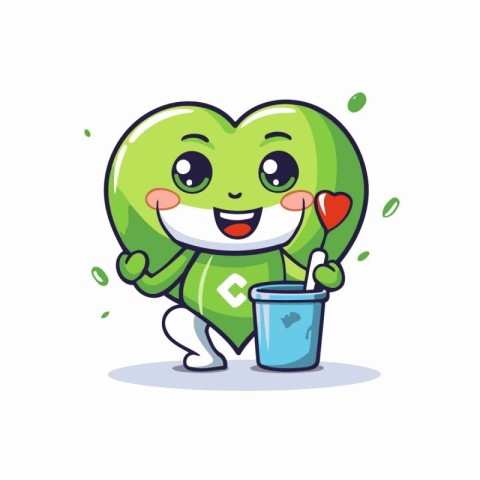 Cute green heart character holding a cup of coffee. Vector illus