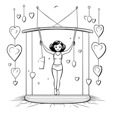 Girl swinging on a swing with hearts around. Black and white vec