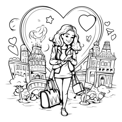 Black and White Cartoon Illustration of Woman Tourist or Travele