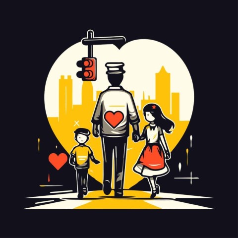 Family walking in the city. Vector illustration on the theme of