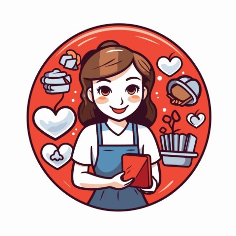 Cute girl holding a red envelope and smiling. Vector illustratio