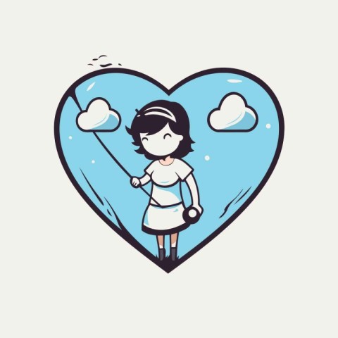 Cute cartoon girl with heart and clouds in the background. Vecto