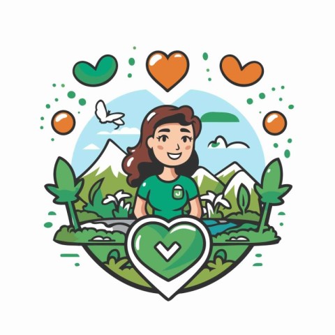 Vector illustration of a girl in green t-shirt sitting in the pa