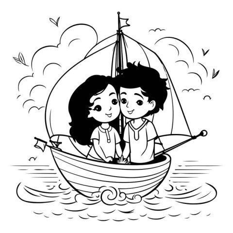 Boy and girl in a boat on the sea. Vector illustration.