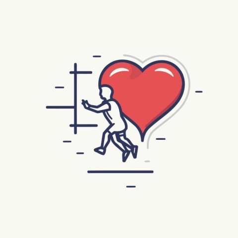 Man running with heart. Stylized line art vector illustration.