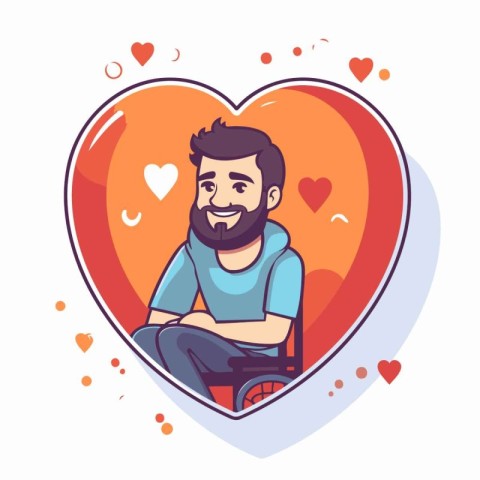 Young man with a beard in a wheelchair in the form of a heart. V