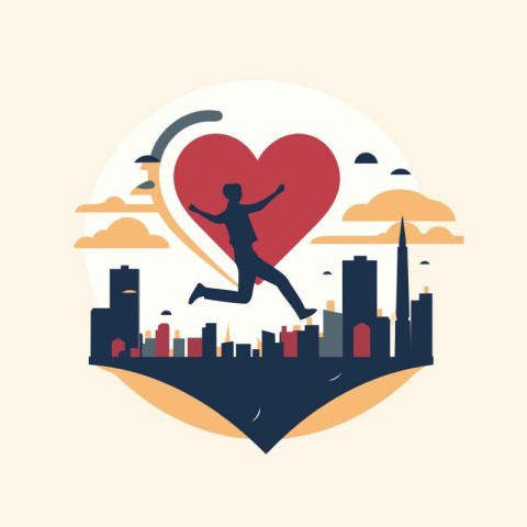 Vector illustration of a man running and holding a red heart on