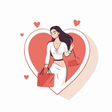 Vector illustration of a girl in a white dress with a red bag in