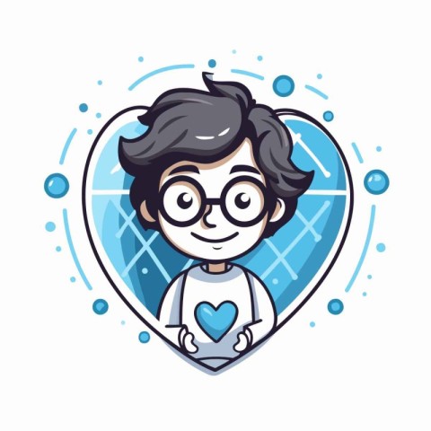 Cute cartoon boy with glasses in heart shape. Vector illustratio