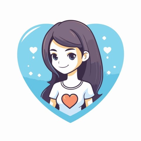 Cute girl with long hair in heart shape. Vector illustration.