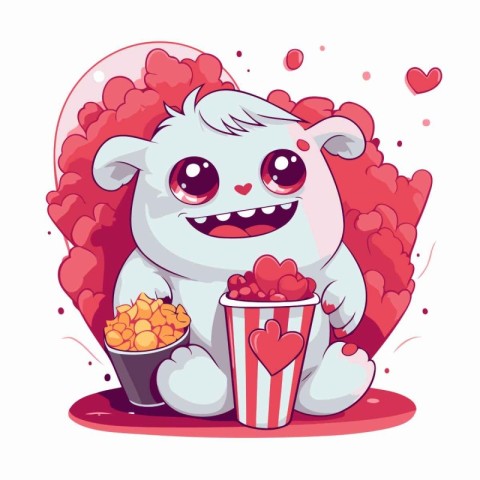 Cute cartoon dog with popcorn and hearts. Vector illustration. V