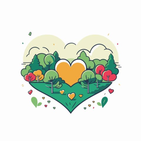 Heart shape with trees and bushes in the park. Vector illustrati