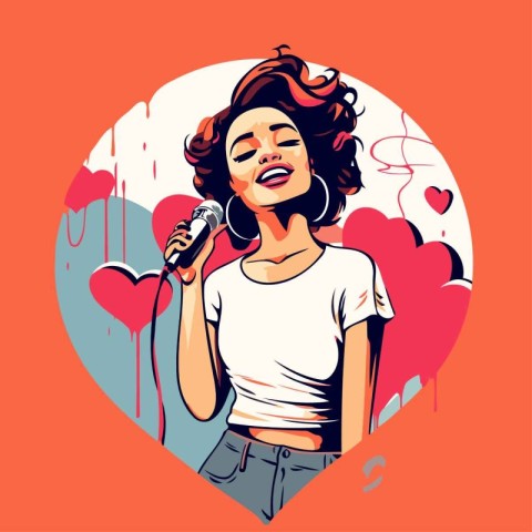 Pop art woman singing karaoke in heart shape. Vector illustratio