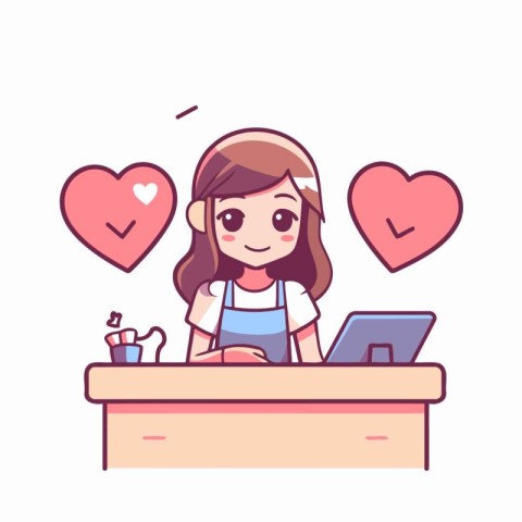 Cute little girl working at home with laptop. Vector illustratio