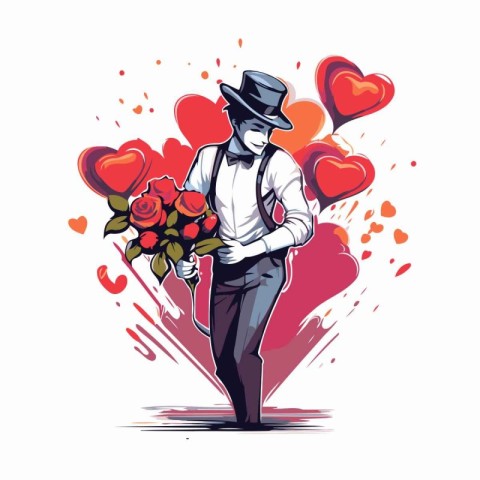 Gentleman with a bouquet of roses. Vector illustration.