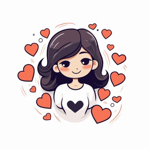 Cute little girl with hearts. Vector illustration in cartoon sty