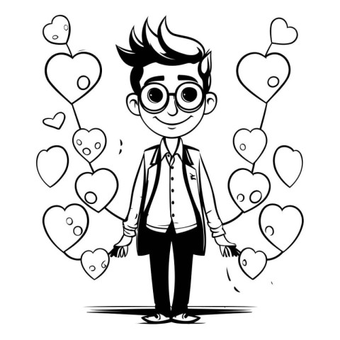 Vector illustration of a boy with glasses and hearts in the back