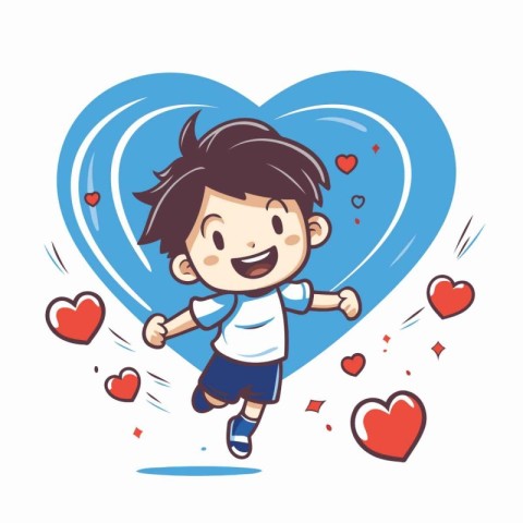 Cute little boy running in the shape of a heart. Vector illustra