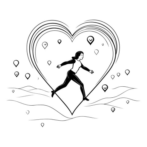 Running woman in a heart shape. Black and white vector illustrat