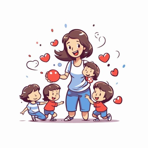 Mother and her kids playing with hearts. Vector illustration in